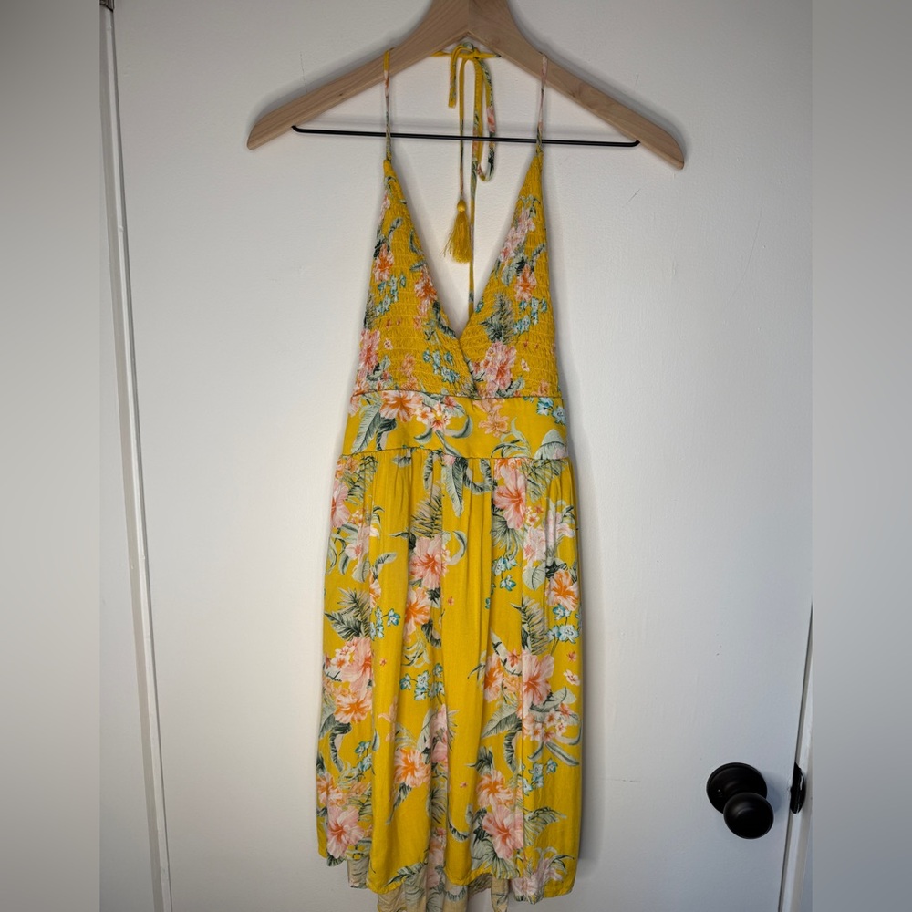 O’Neill Yellow Floral Halter Mini Dress Open Back Tassel Tie Boho Tropical Vacay
